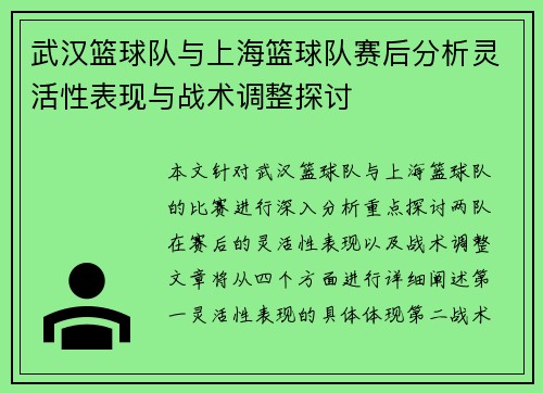 武汉篮球队与上海篮球队赛后分析灵活性表现与战术调整探讨